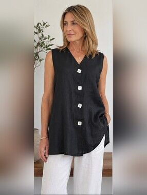 Holt Renfrew Collection Black 100% Linen Sleeveless Tunic Top Sz 8